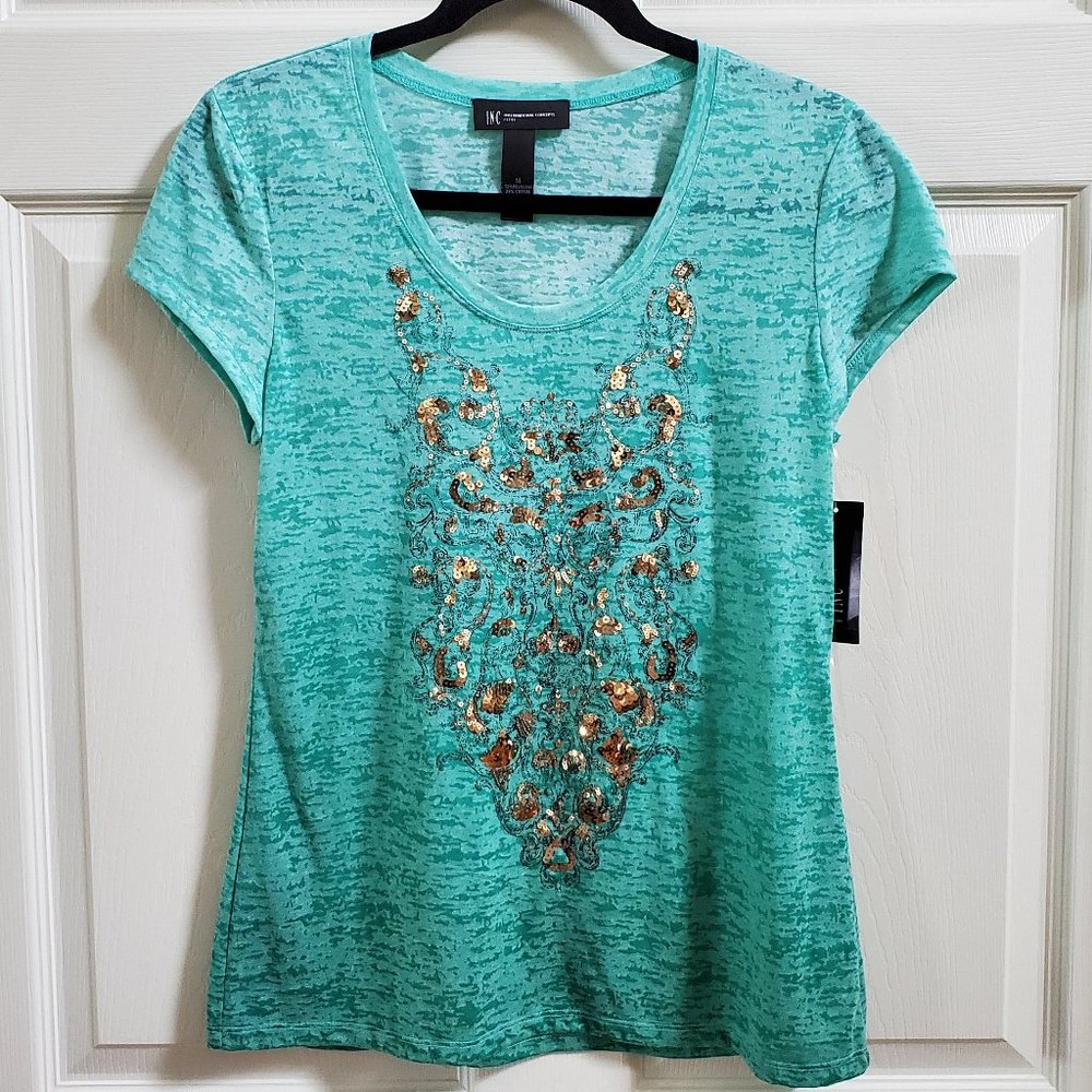 NWT INC Green / Gold Sequin Embellished Ombre Burnout Tee T Shirt Size Petite M